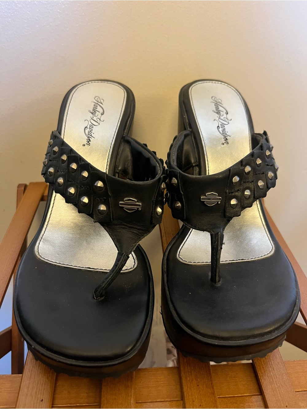 Harley-Davidson Black Studded Thong Wedges for Women